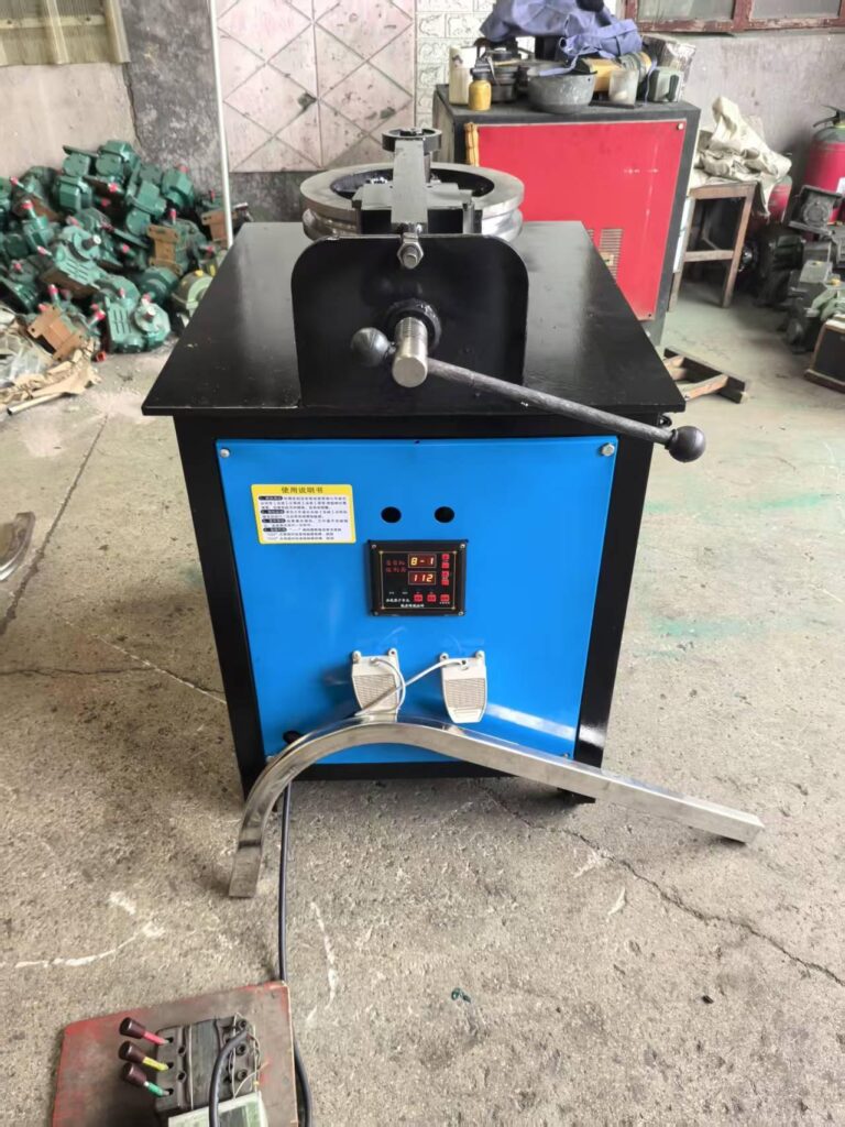 CNC pipe bending machine with digital display panel and encoder, blue cabinet design with foot pedal operation, for precise 90 and 180 degree angle bending on large diameter round and square tubes