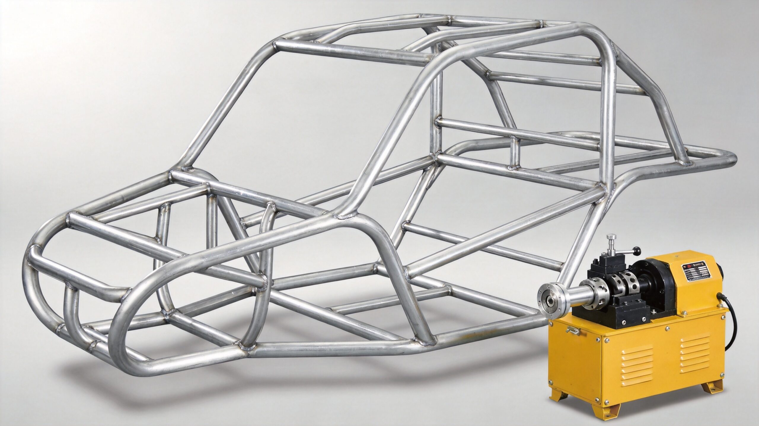 Welded tubular space frame made from bent round steel tube beside a vertical pipe bender