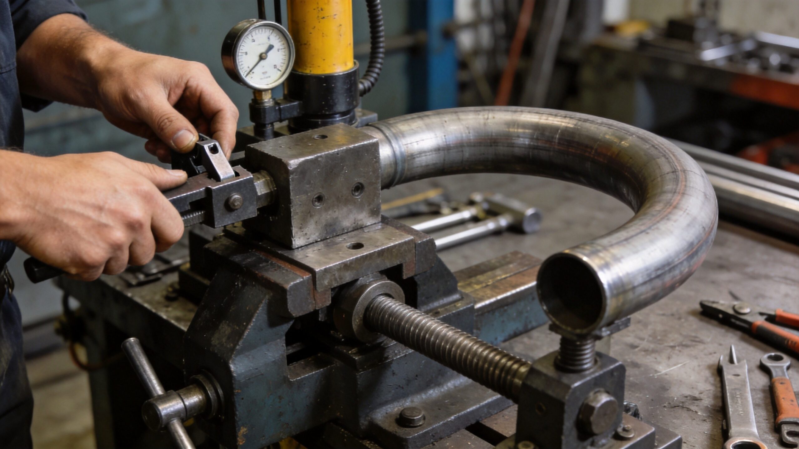 Technician adjusting the clamp die on a hydraulic pipe bender while a thick steel tube is formed