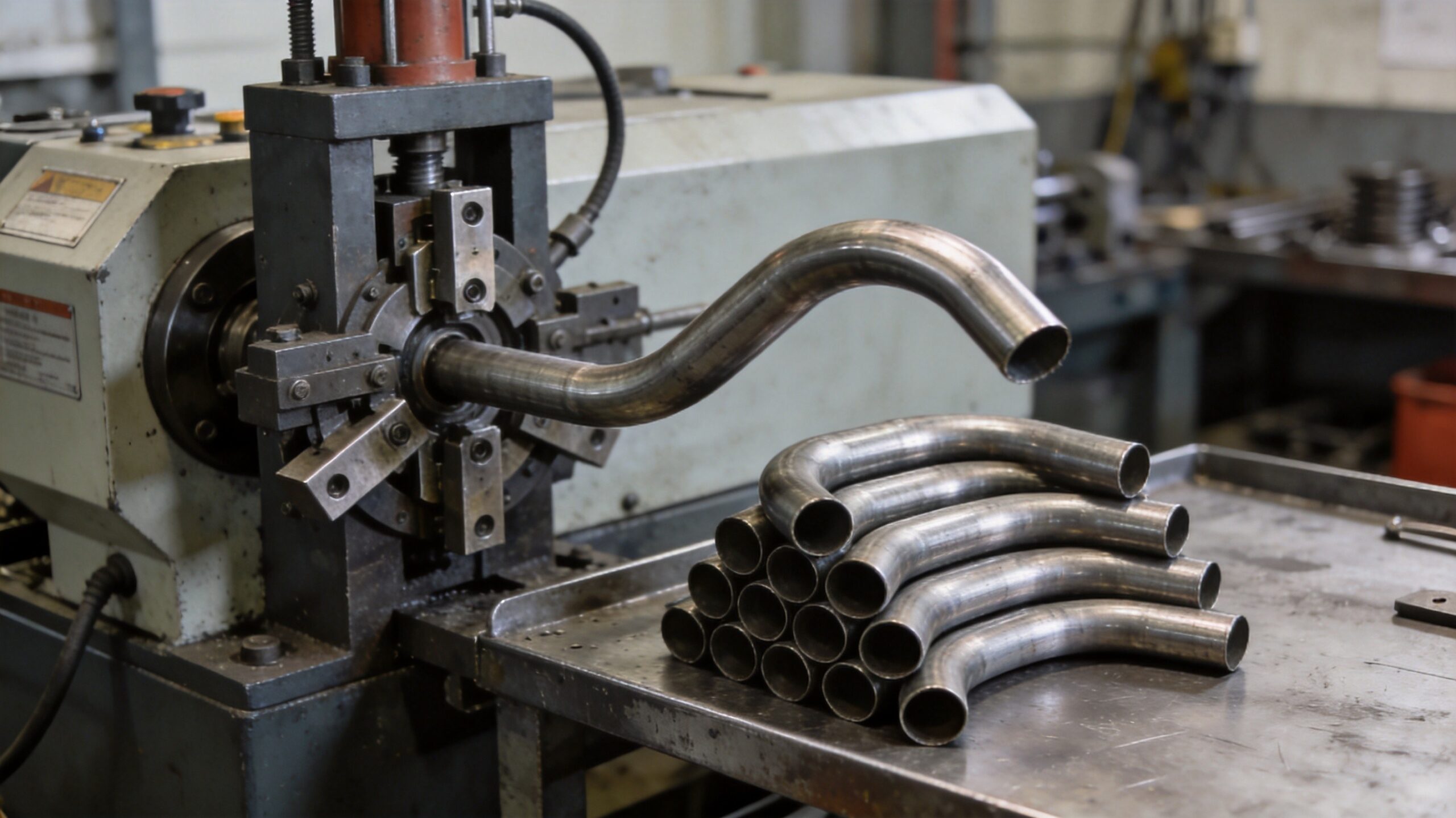 Electric pipe bender with a stack of finished bent steel tubes on the workbench